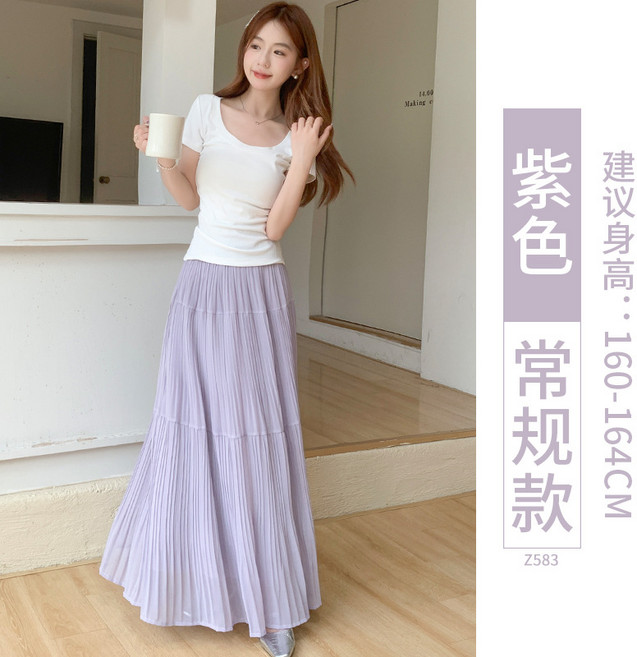 【小個子顯高】半身裙 長裙 傘裙 百褶裙 雪紡裙 韓系溫柔風 高腰A字版型 春季新款 藍色 飄逸垂感