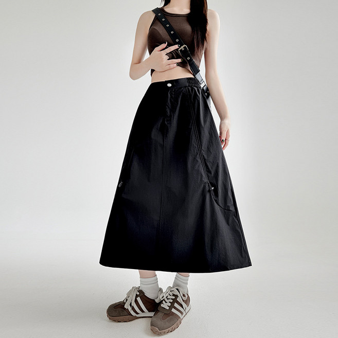 스타일닥터 여성 A라인 밴딩 카고 롱 스커트 체형 커버 포켓 디자인 데일리 통근 캐주얼