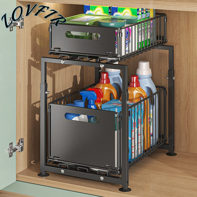 LOVFIR 주방 싱크대 수납 선반 높이 조절 정리 선반 조미료 정리 선반 다용도 수납 선반, 블랙, 1개