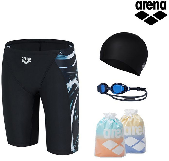 아레나 와이드 4부 수영복 + 수경+수모 세트 A5SM1PM84BLK hP