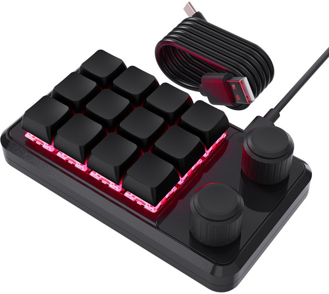 스카이 12키 2노브 기계식 단축키 키보드 프로들의 필수 한손키보드 프로그레밍 매크로 키보드 RGB 유선형 블루투스형 2.4G 디자인너 전문가 직장인 적용 단축기 포토샵 영상 편집, 블랙, 유선(레이어 기능 없음), 적축