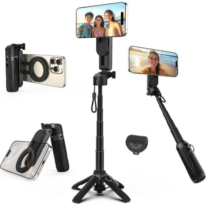 맥세이프 삼각대용 거치대 (아이폰용)【포켓 사이즈】 4-in-1 휴대용 자기 셀카봉 아이폰 거치대 영상 촬영 여행용 자기 전화 삼각대 리모컨 포함【업그레이드된 4다리】, 아이폰 포켓 사이즈 4-in-1 휴대용 마그네틱 셀카봉
