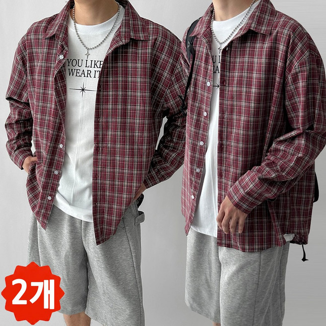 1+1/두장묶음 빠델 선셋 사계절 커플 가을 봄 남녀공용 체크 남방 오버핏 셔츠