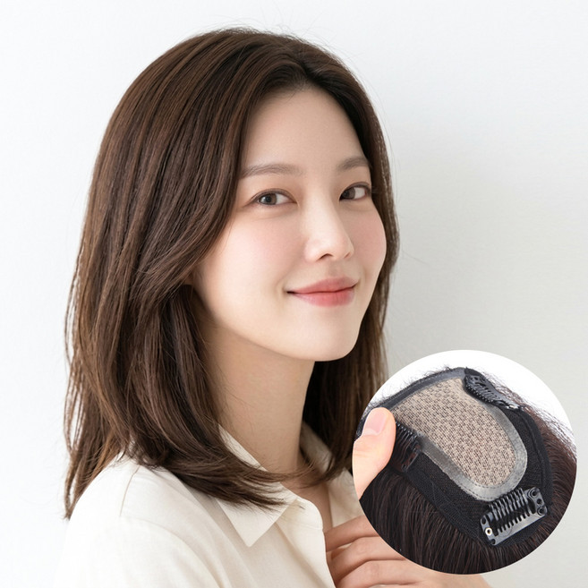 [W2035]긴머리 소형 리얼스킨 탑피스 여자정수리가발, 8cm×9cm/28cm(진한갈색), 1개