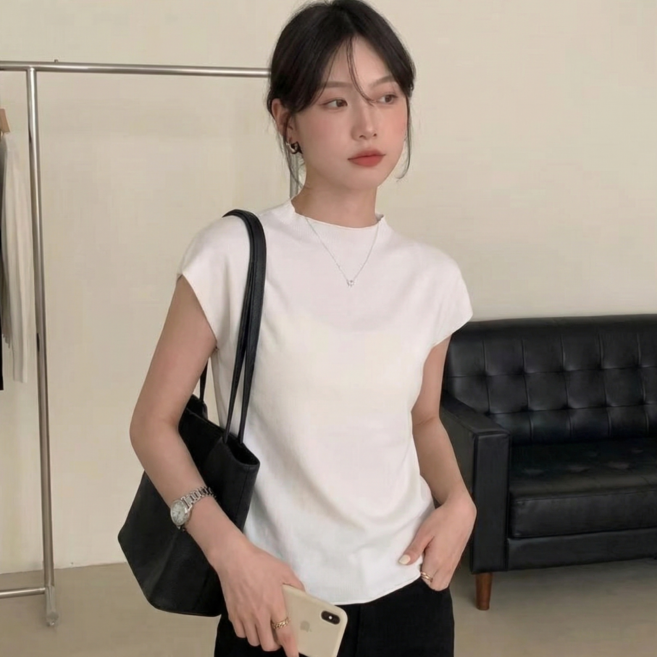 에리르 반목 반소매 니트 베이직 무지 캡소매 레이어드 이너 니트 티셔츠