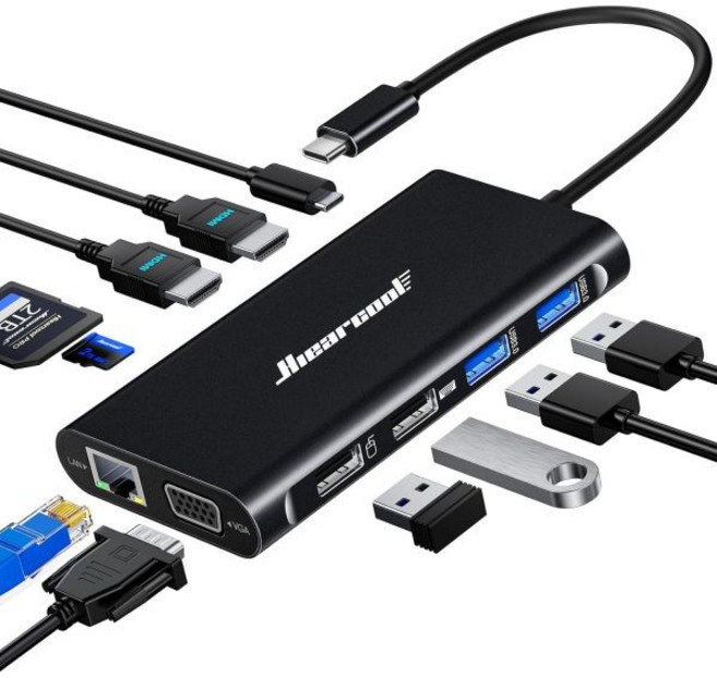 노트북용 히어쿨 USB-C 도킹 스테이션 4K HDMI 및 1080p VGA가 장착된 트리플 디스플레이 도크 이더넷이 11-in-1 홈 오피스용 100W 충전기, Carbon Black