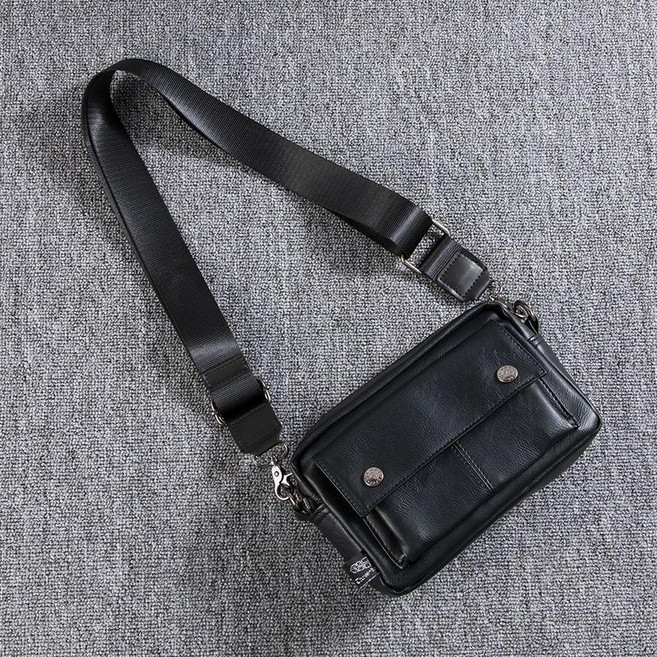 日系時尚軟皮質小挎包男士休閒手機方包潮流撞色單肩包韓版斜挎包, 黑色（黑色布帶）