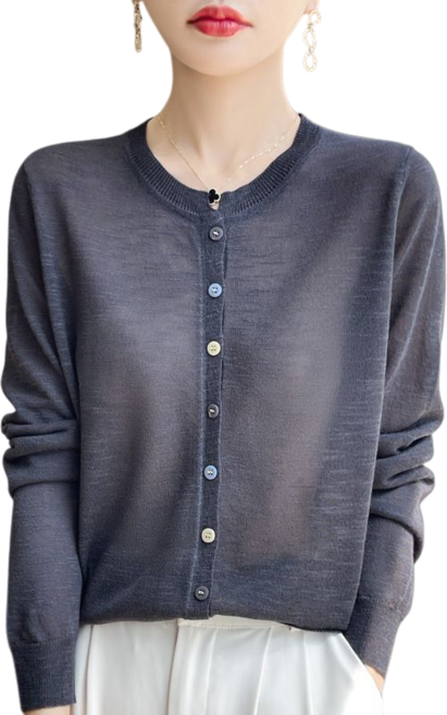 Makone 여성 얇은 니트 가디건 쿨 시스루 컬러단추 자외선 차단 라운드넥 심플 무지 데일리