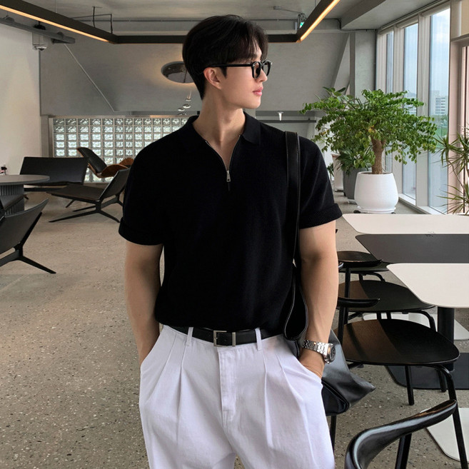 스타일닥터 여름 니트 카라 티셔츠 남자 반집업 머슬핏 반팔