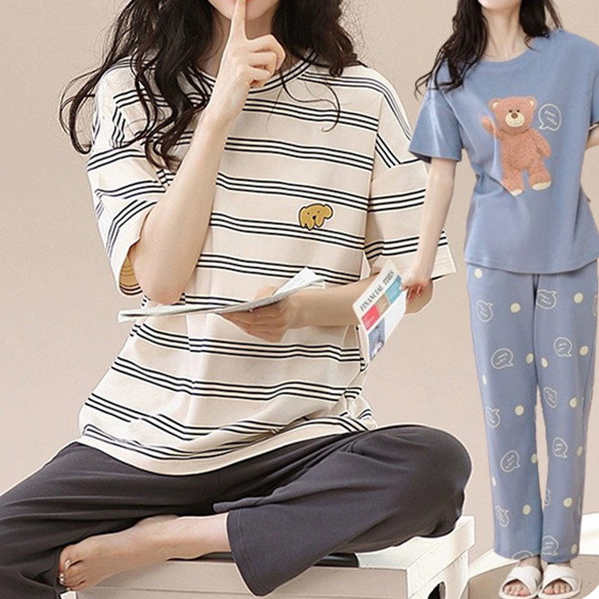 로즈엘리 라운드반팔+긴바지 귀여운 동물무늬 파자마 상하세트 여름 간절기 잠옷 5컬러