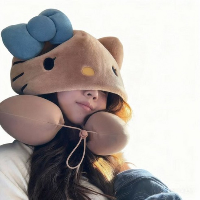 헬로키티후드형U자 목베개 여행용 비행기기차전용, 모자 + U자형 베개