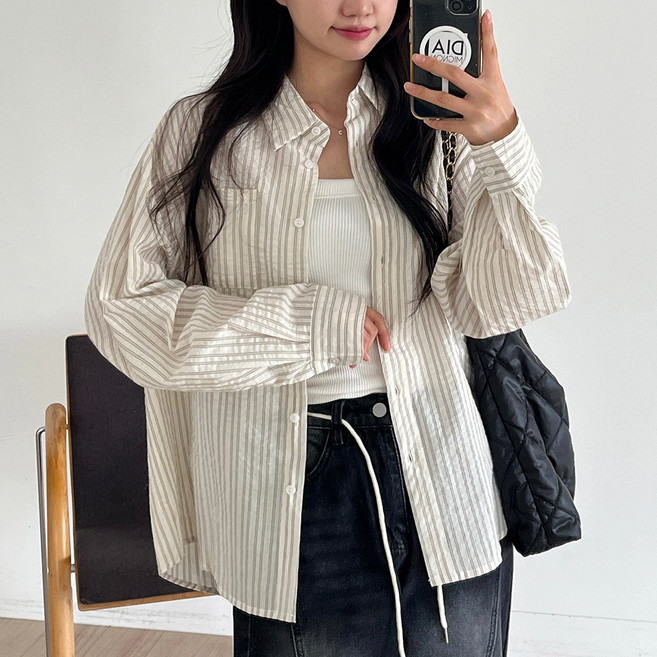 [디아미뇽] 메른 스트라이프 린넨 루즈핏 단가라 긴팔 셔츠 남방