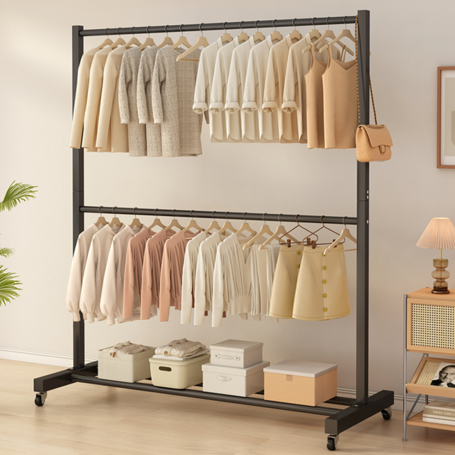 MOFINE 모파인 튼튼한 이동식 2단 행거 업그레이드된 강화 설계 옷걸이 행거 철제 행거, 블랙