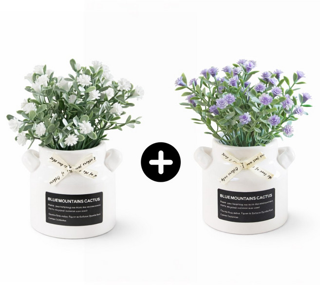 하스몰 블러썸 안개꽃 조화 화분 미니 꽃 인테리어 소품 감성 테이블 장식, 2개, 화이트+퍼플