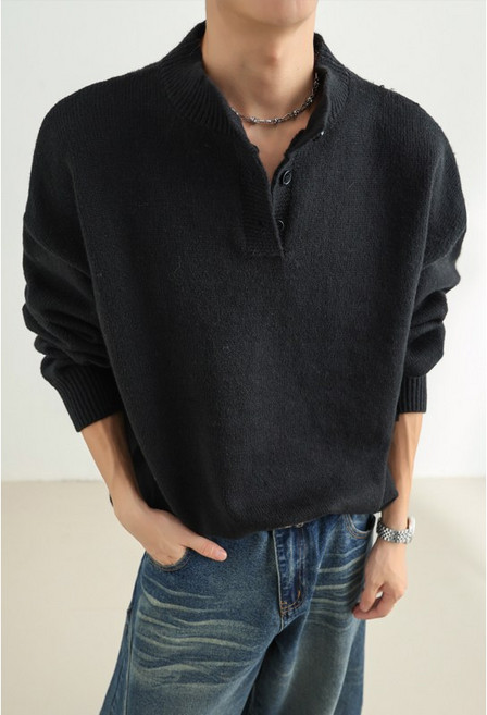 復古美式潮流長袖毛衣 寬鬆亨利領針織上衣