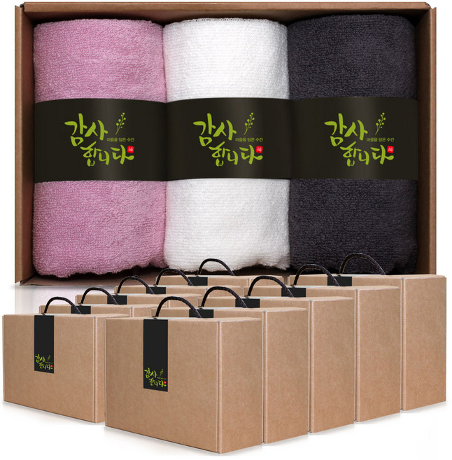 송월타올 30수 면사 모니카 130g x 3p 수건 선물세트 환갑 칠순 팔순 결혼 웨딩 교회 고급 호텔 행사 정년퇴임 조문 알찬바로 답례품, 감사 B (핑크+아이보리+다크그레이), 10세트