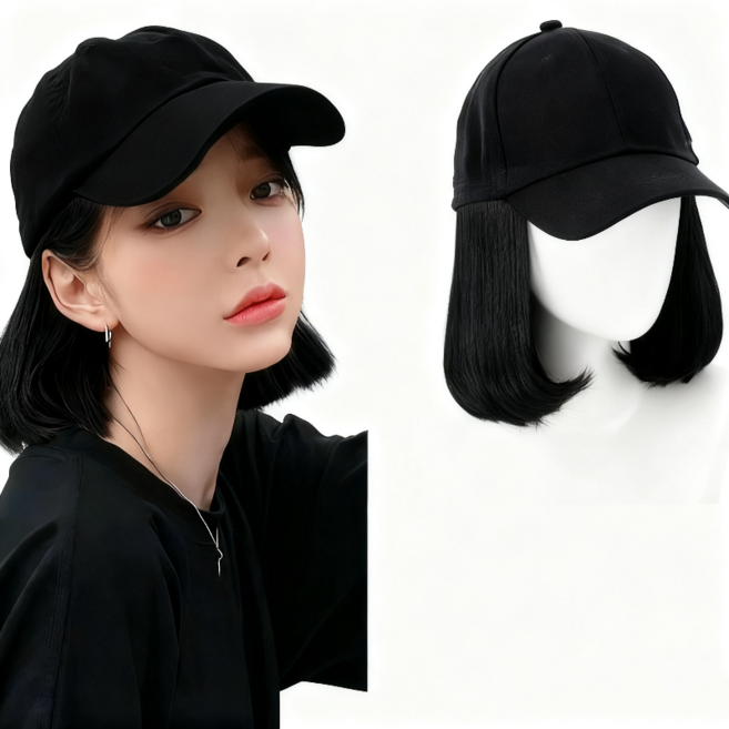 상덕 요즘유행 모자 가발 여성 가발 짧은 생머리, 1개, 블랙모자，블랙헤어