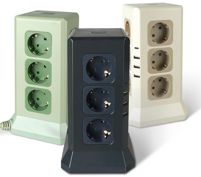 나비 타워콘 NV191-TWT7 16구 수직 타워형 고용량멀티탭 고전력 멀티 콘센트 12구 USB 4구 4000W, 올리브, 2개, 2m