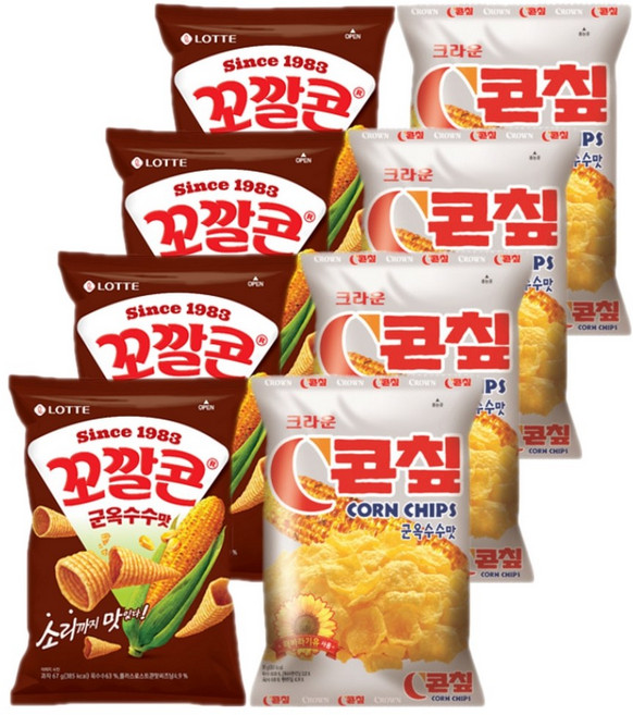 롯데 크라운 스낵모음 꼬깔콘 군옥수수 72gx4개+C콘칩 70gx4개 (총8개), 1세트, 568g