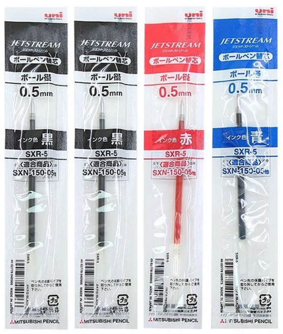 더주니 유니 제트스트림 볼펜 리필 0.5m 단색 전용 리필심 SXR-5, 1개, 0.5 4개 세트 (블랙2+블루1+레드1)