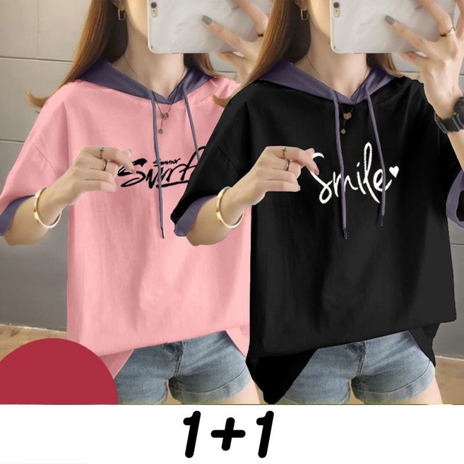 1+1 여성 반팔 티셔츠 여름 순면 심플 얇은 후드 티셔츠 캐주얼 기질 반팔티 루즈핏 슬림핏 반팔 상의 YMY