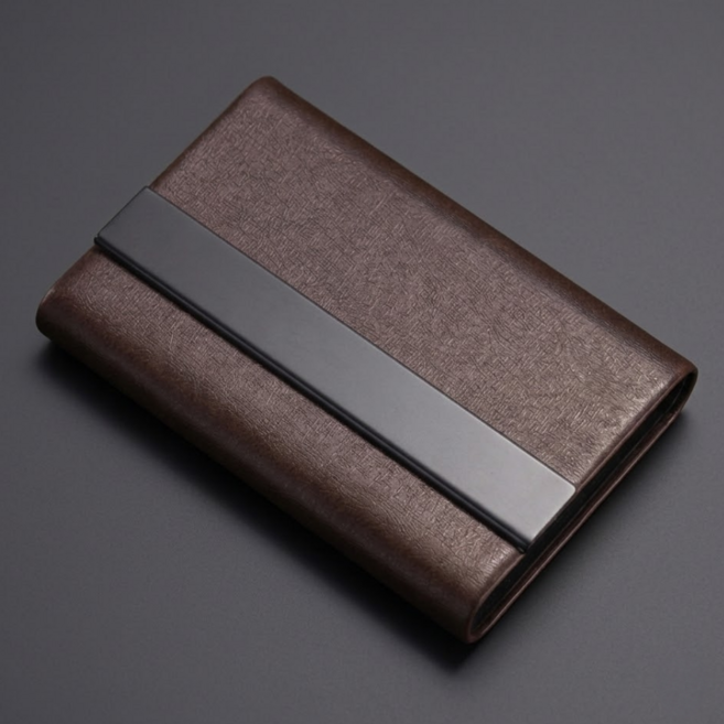 심플리 메탈 가죽 명함케이스, 1개, 브라운(가죽패턴)+블랙메탈