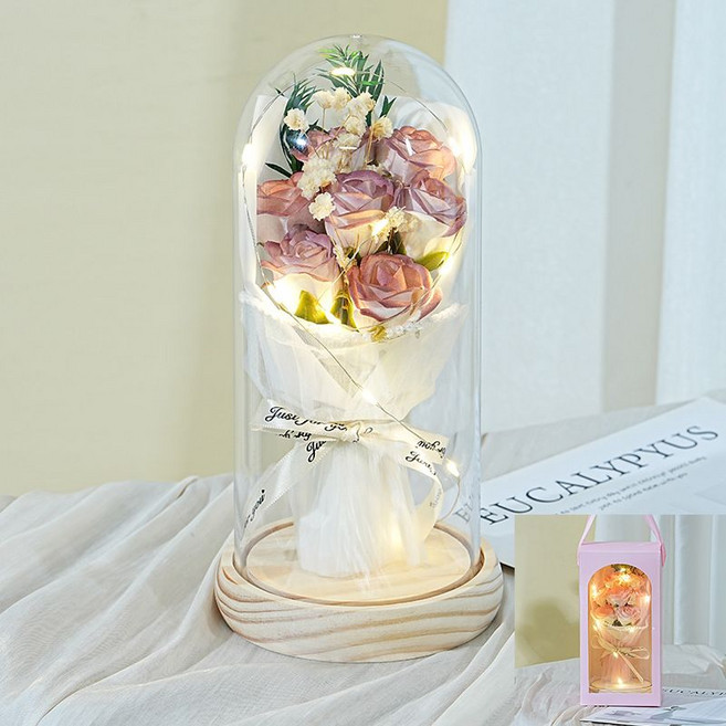 永生花 浪漫花束 生日禮物 母親節禮物, 1個, 7朵原木底【烏梅子醬】燈+粉手提盒