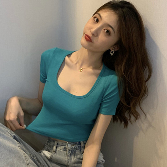 韓版短袖短版上衣女 t恤 棉 素色 露肚