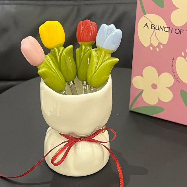 플라워 하트 튤립 꽃다발 과일 포크 세트, 튤립화이트, 1세트