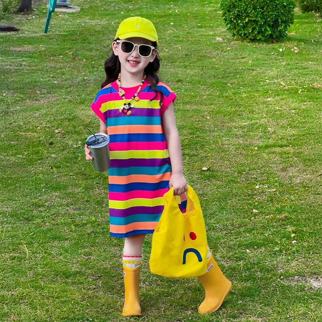 해피유통유아 여름 스트라이프 루즈핏 원피스 화사한 캐주얼 스타일14세 이상 XG03