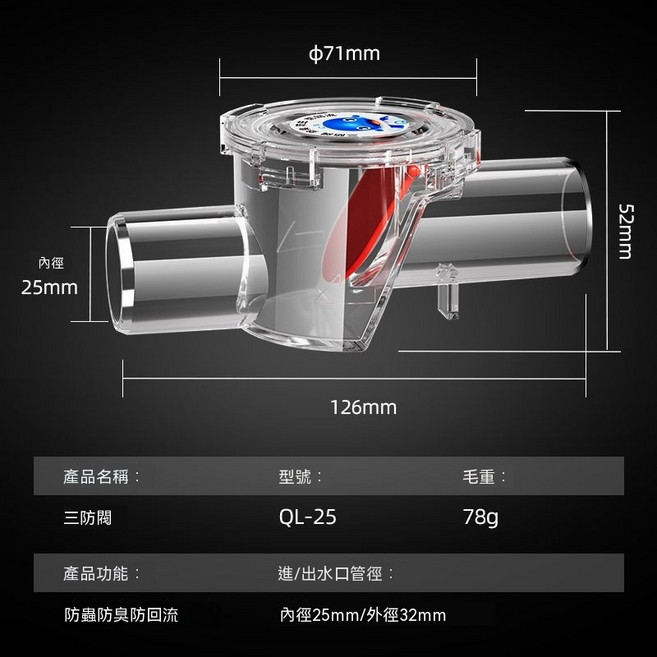 冷氣排水三防閥 防臭 防蟲 防回流, 1個, 中央空調專用閥（水平安裝)