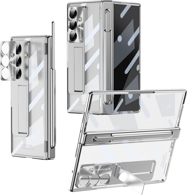 Elvo 갤럭시 Z폴드 7/6 투명 케이스 힌지보호 일체형 액정보호필름 하드 도금 풀커버 케이스 거치대 S펜 포함 2개힌지 교체 가능