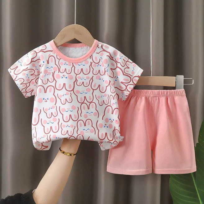 萱寶媽咪baby童裝館 現貨韓版兒童夏季短袖套裝男童印花短袖套裝女童棉質短袖套裝短袖上衣短褲兩件套短袖T恤居家套裝夏季套裝休閒套裝童裝