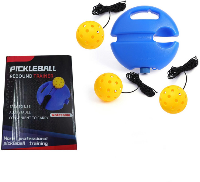單人匹克球訓練器 40孔高彈洞洞球, 藍色注水底座3個黃色球帶彈力繩彩盒包裝, 1個