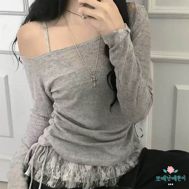 쪼예 [투피스] 오프숄더 시스루 리본 셔링 긴팔티 레이스 이너 나시 세트