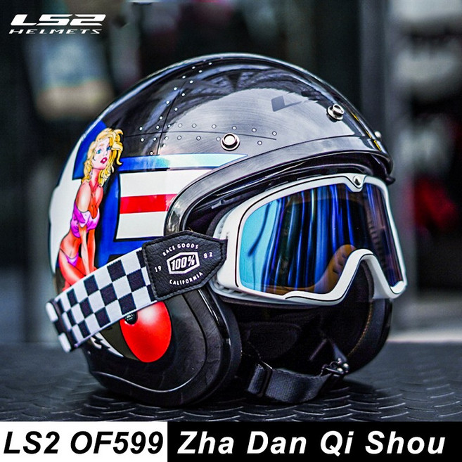 LS2 오리지널 오토바이 헬멧 오픈 페이스 레트로 제트 스쿠터 하프 OF599 3/4, 06 L, 06 OF599-Bomb Rider, 1개