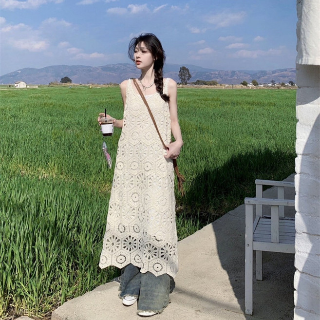 보헤미안 오픈워크 루즈핏 롱기장 레이어드 슬리브리스 체형커버 노슬리브 비치 원피스, 화이트