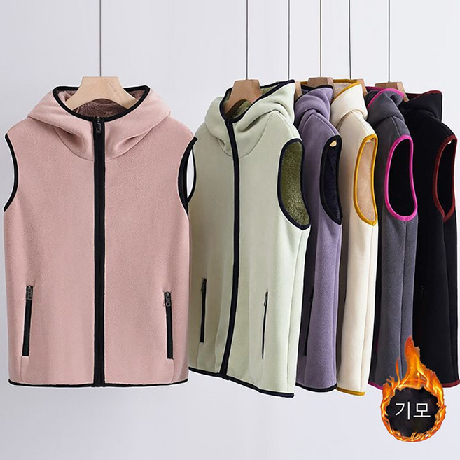 MOSAIRATION 여성 후드 집업 두꺼운 후리스 조끼 기모 보온 안감 캐주얼 민소매 베스트 M0122123