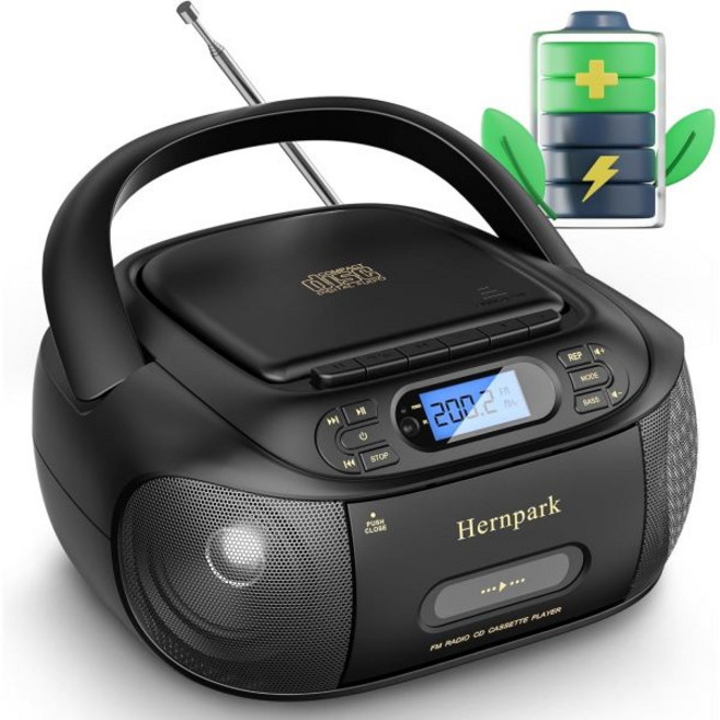 Hernpark 붐박스 CD 카세트 플레이어 콤보 충전식 붐박스블루투스 5.1 포함 테이프 녹음 FM 라디오 슈퍼 베이스 스테레오 사운드 Aux/USB 드라이브 헤드폰 잭 실내, Black, 1개