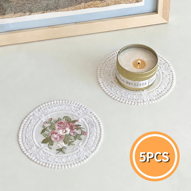 YYT 자수 레이스 컵매트 5P 식탁 유럽식 테이블매트, 원형/타원형, 5개, 소형(10x10cm)