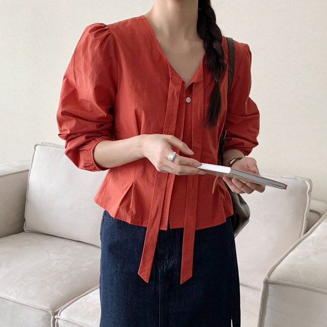 [SML사이즈]여성 리본블라우스 퍼프소매 퍼프소매 하객룩 긴팔 블라우스 빅사이즈