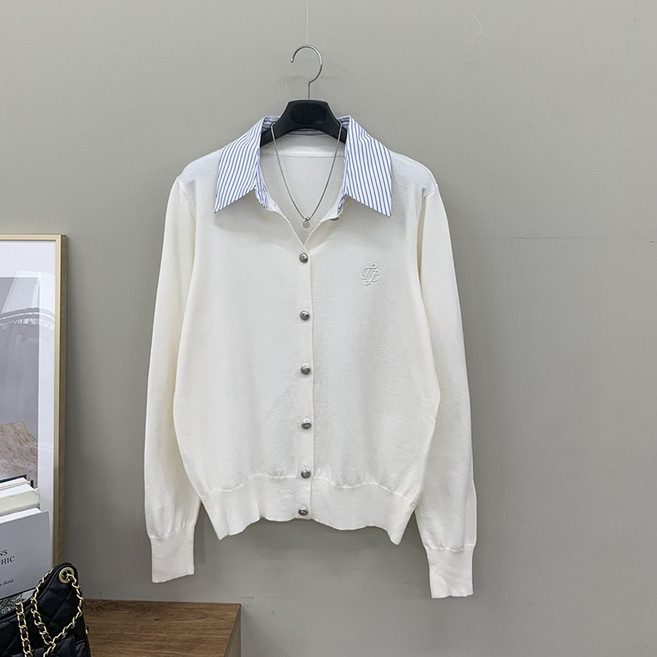 행복여 마젤 자수 셔츠 카라 배색 레이어드 니트 가디건