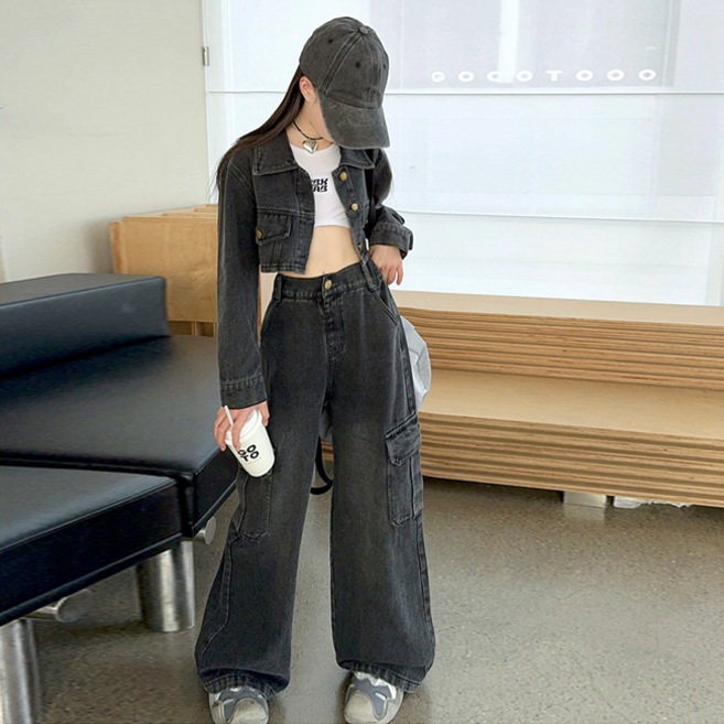해피델리 주니어 다크니스 데님 상하세트 데님셋업 크롭자켓 와이드청바지 흑청 캐주얼룩 댄스복