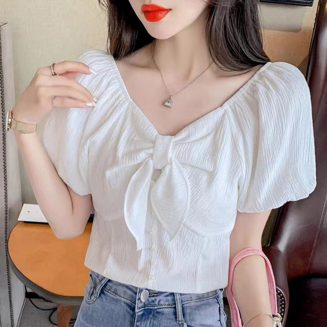 슬림소녀 여성 봄 여름 퍼프 리본 장식 셔츠 데일리 패션 심플 블라우스 톱