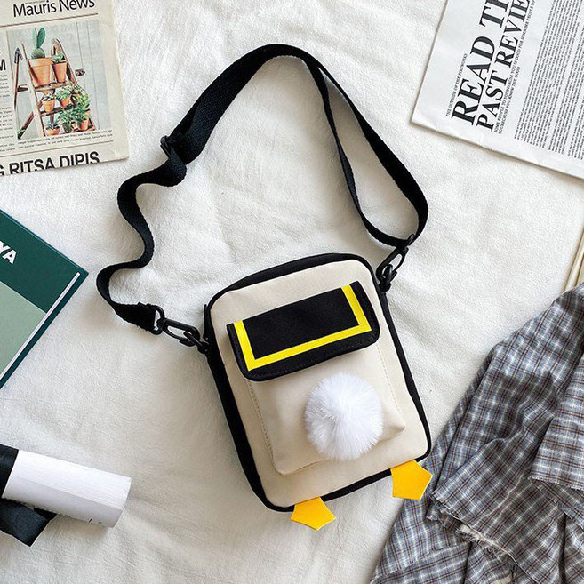 兜里有糖 可愛卡通鴨屁屁小包 側肩包 帆布手機包, 黑色