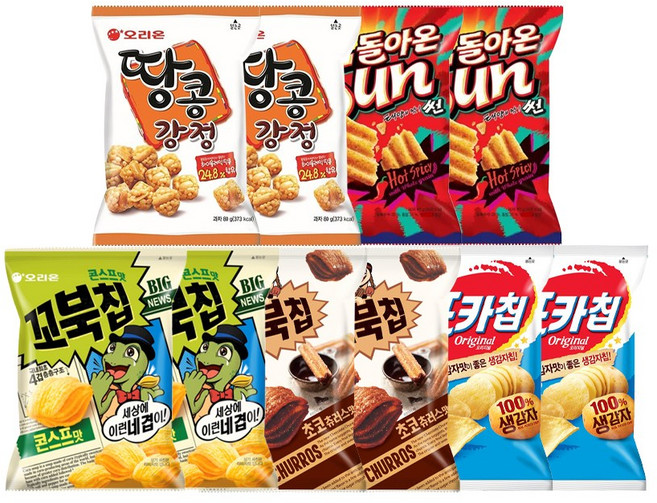 오리온 꼬북칩 초코 120g + 꼬북칩 콘스프 120g + 땅콩강정 80g + 썬칩 64g + 포카칩 오리지널 66g, 2세트