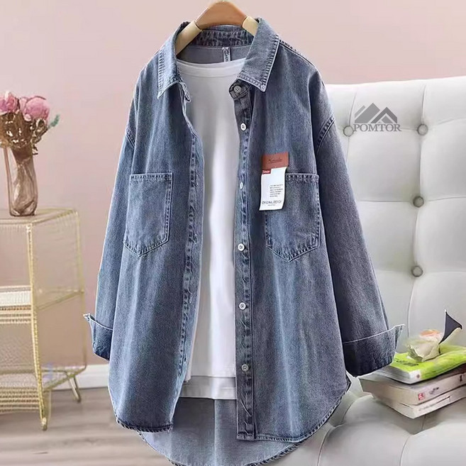 POMTOR 여성 데일리 워싱 데님 기본 셔츠 긴팔 오버핏 청남방