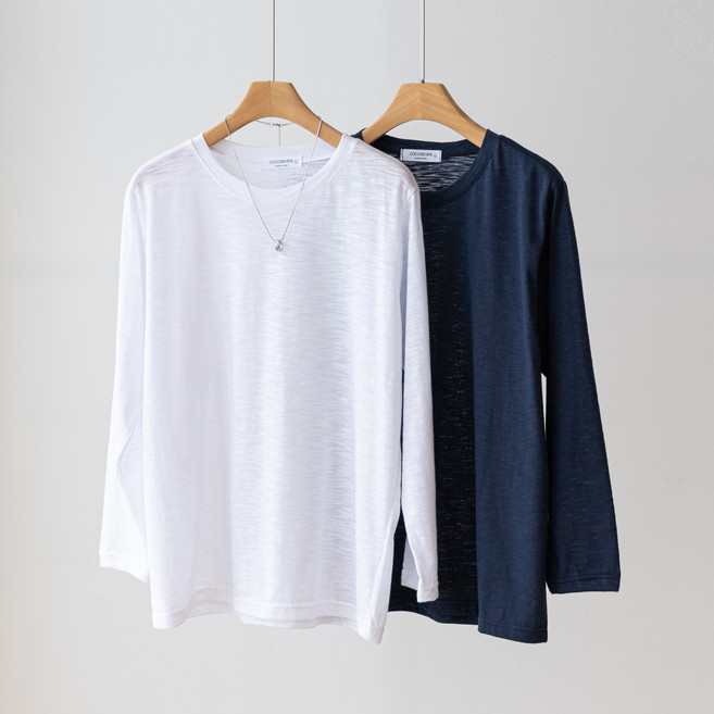 코코세븐 1+1 여성 빅사이즈 간절기 얇은 슬라브 시스루 라운드 박스 긴팔 티셔츠