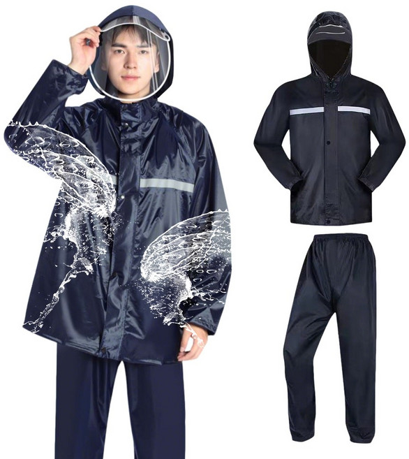 SEVOREN 남성용 레인코트 가후 비옷 세트 이중모자 오토바이 배달용 강력방수 우비 우의, 블랙