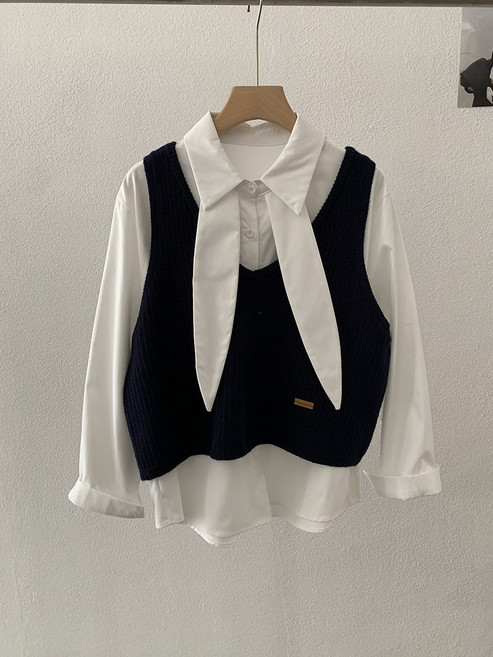 【氣質兩件套】襯衫背心 針織背心 襯衫套裝 女裝套裝 通勤套裝 飄帶翻領 單排扣純色 無袖V領 春秋疊穿 韓系簡約